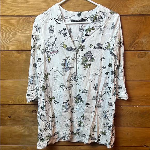 ZARA‎ Dress Cover Up Hawaiian Aloha Basic Collection Womens S 1/4 Zip Beach Swim - Picture 1 of 7